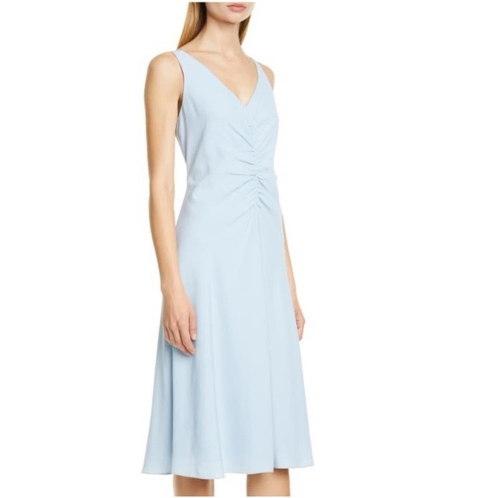 Lewit Baby Blue Ruched Front V-Neck Midi Dress